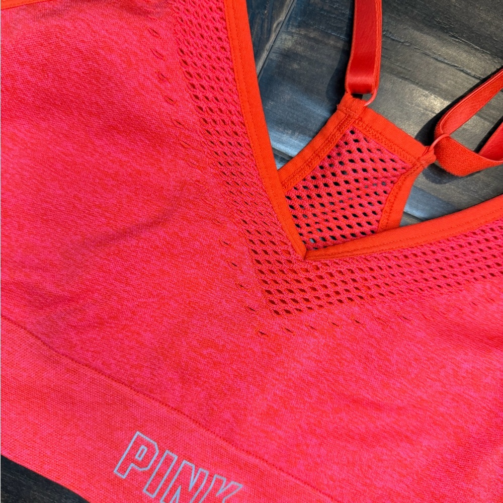 PINK Victoria's Secret Seamless Sports Bra Heather Red Orange Mesh V-Neck Large - Picture 2 of 7